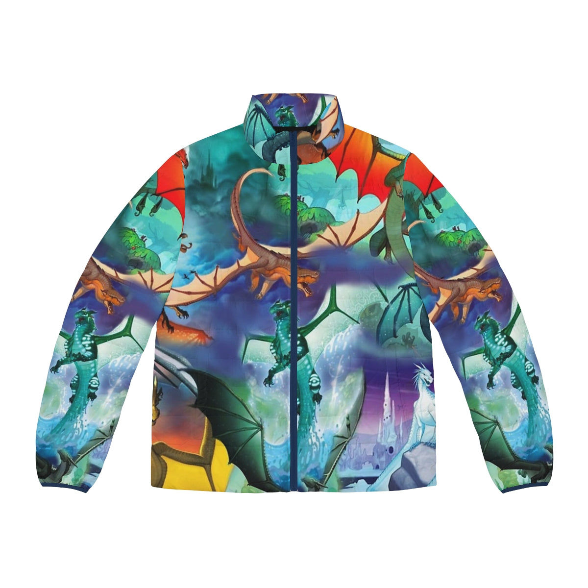 Dragon puffer jacket with colorful all dragon pattern background