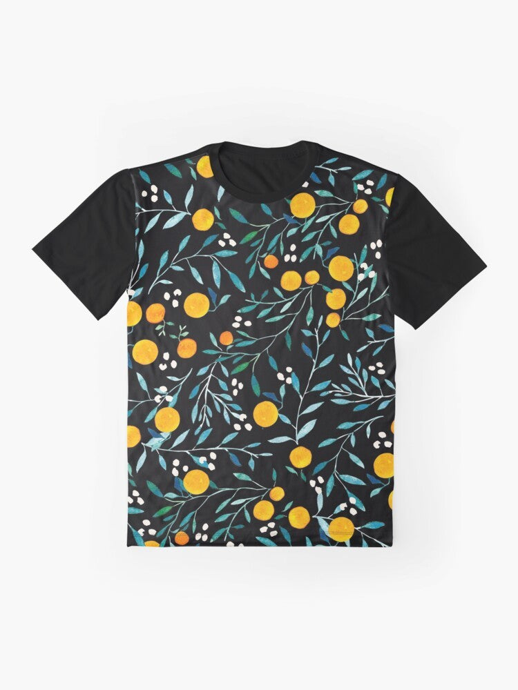 Watercolor floral pattern with vibrant oranges on a black graphic t-shirt - Flat lay