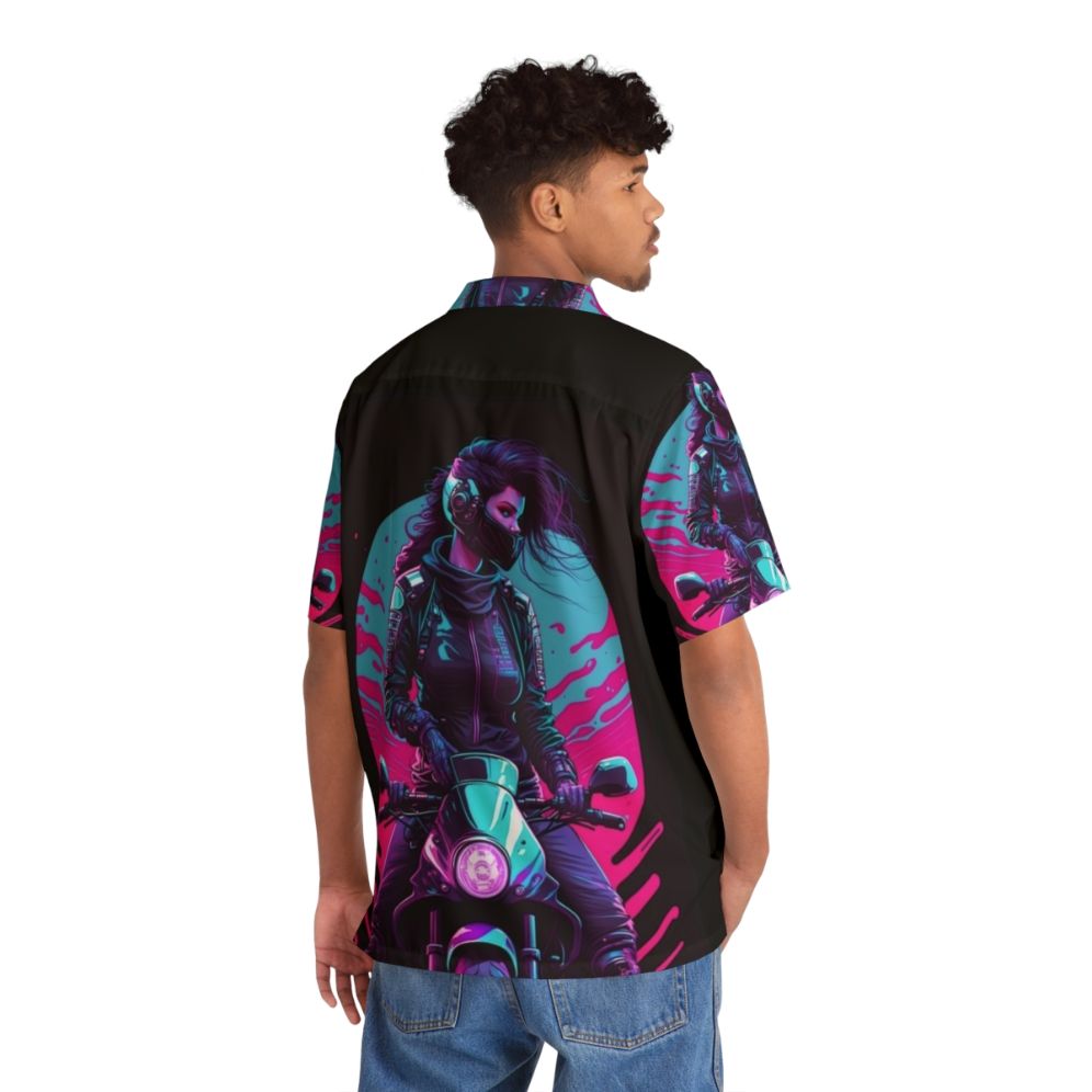 Neon 80s synthwave biker girl hawaiian shirt - Flat lay