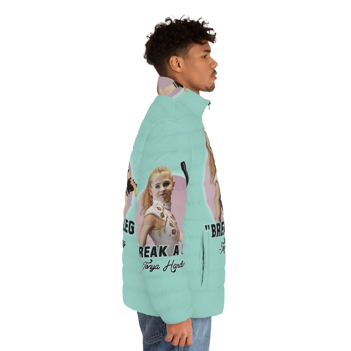 Tonya Harding Puffer Jacket featuring quirky and humorous pop culture art - men side right