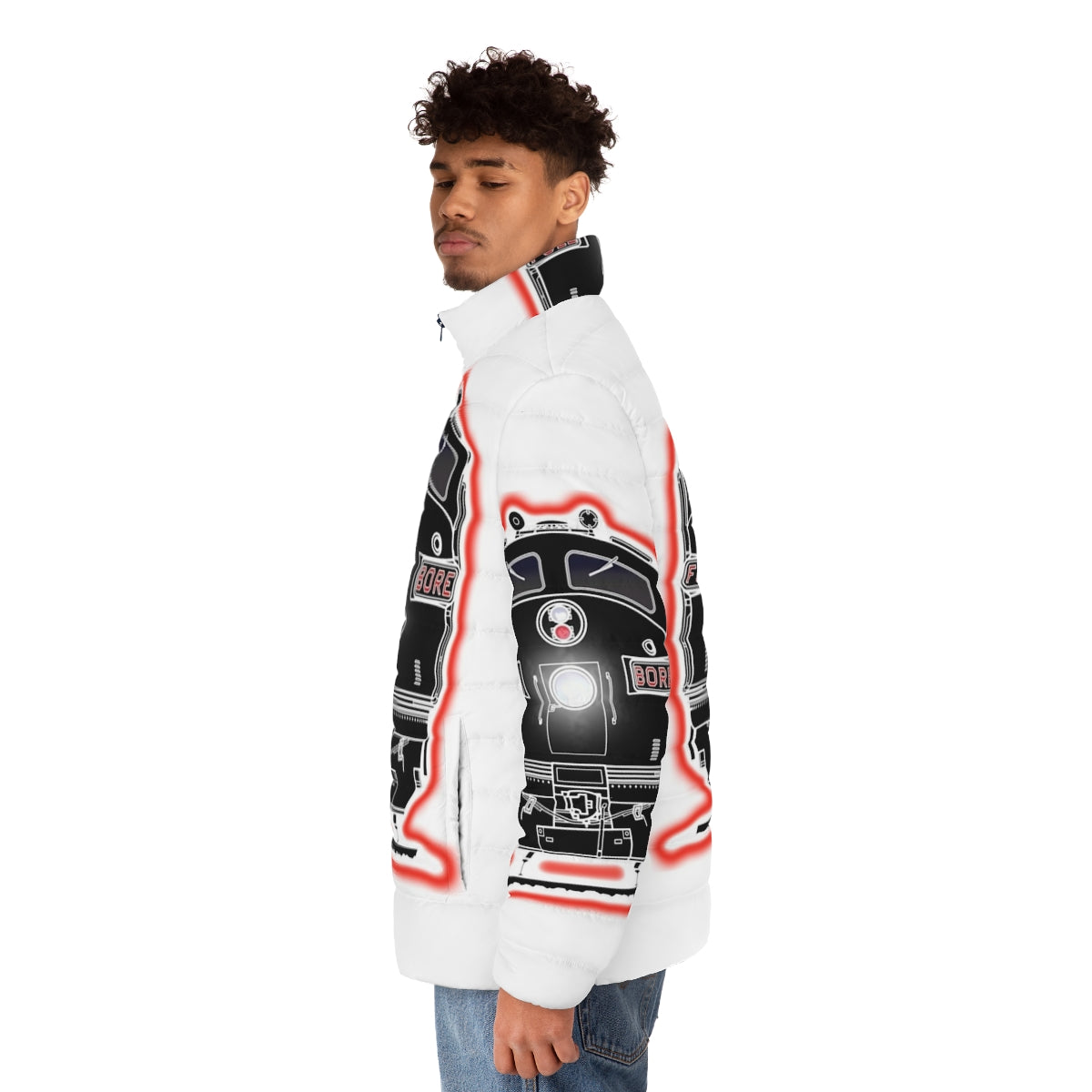 Diesel locomotive puffer jacket with railroad and train graphics - men side left