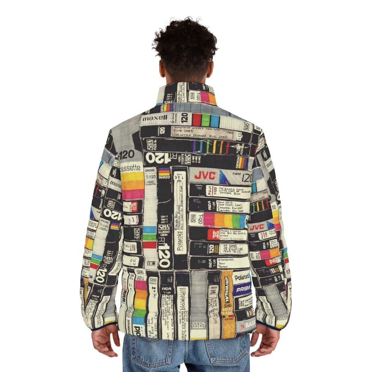 Retro VHS puffer jacket with vibrant, nostalgic graphics - men back