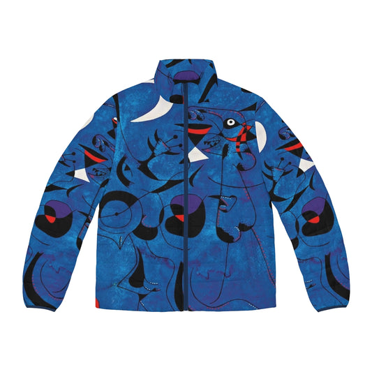 Blue puffer jacket with red and blue geometric shapes inspired by the artwork of Joan Miro