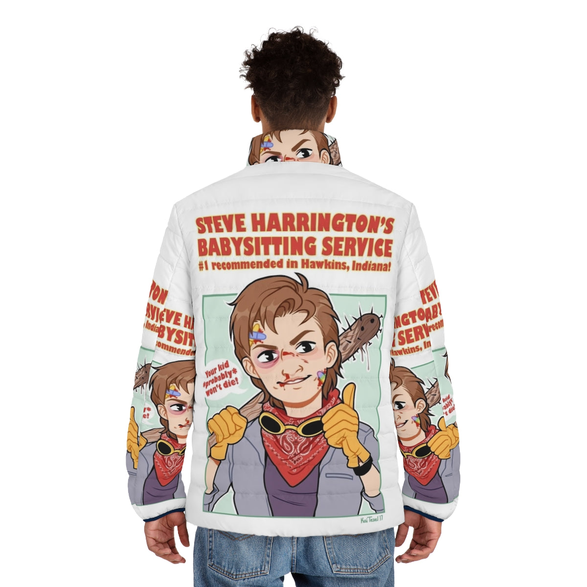 Steve Harrington from Stranger Things wearing a cozy puffer jacket - men back