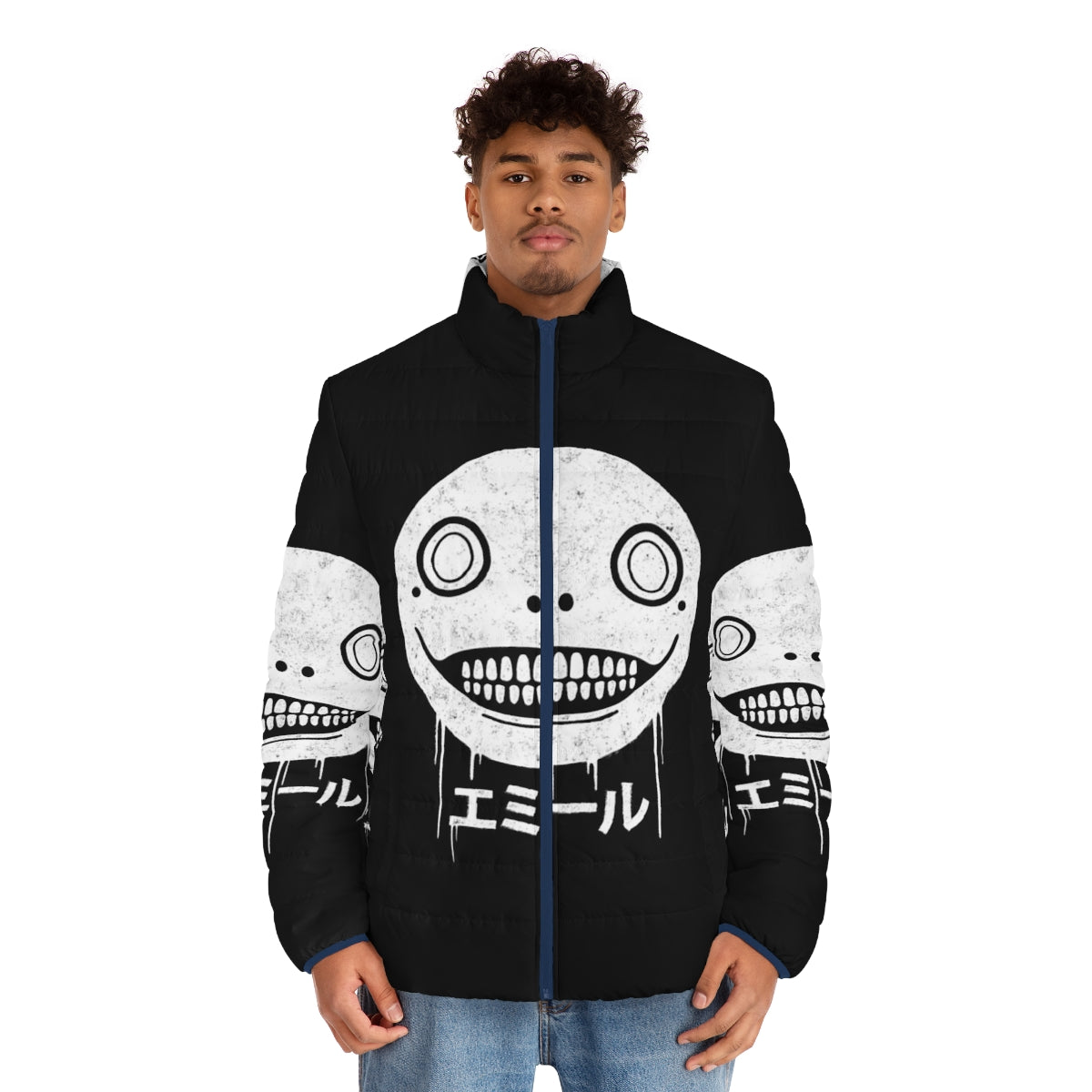 Emil Puffer Jacket - Nier Automata inspired video game merchandise featuring the iconic character Emil's head and smile - men front