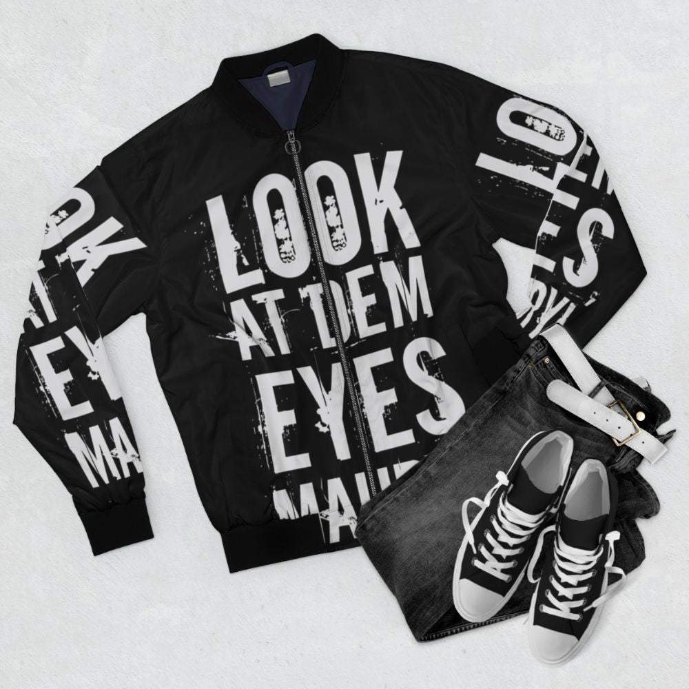 Maury Povich inspired bomber jacket with a graphic design featuring the text "Look at dem eyes, Maury!" - Flat lay