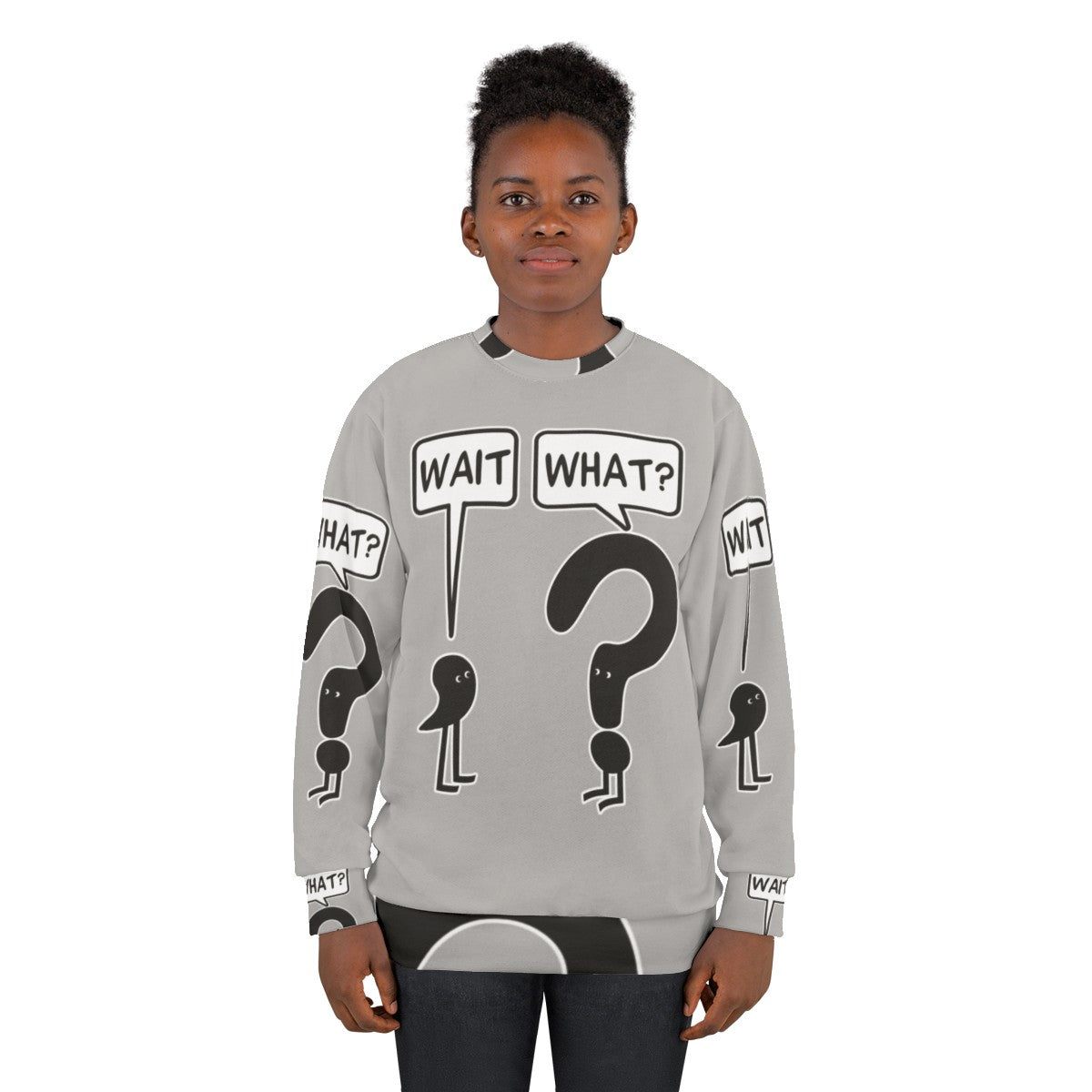 "Wait What" funny sweatshirt with text and illustration - women