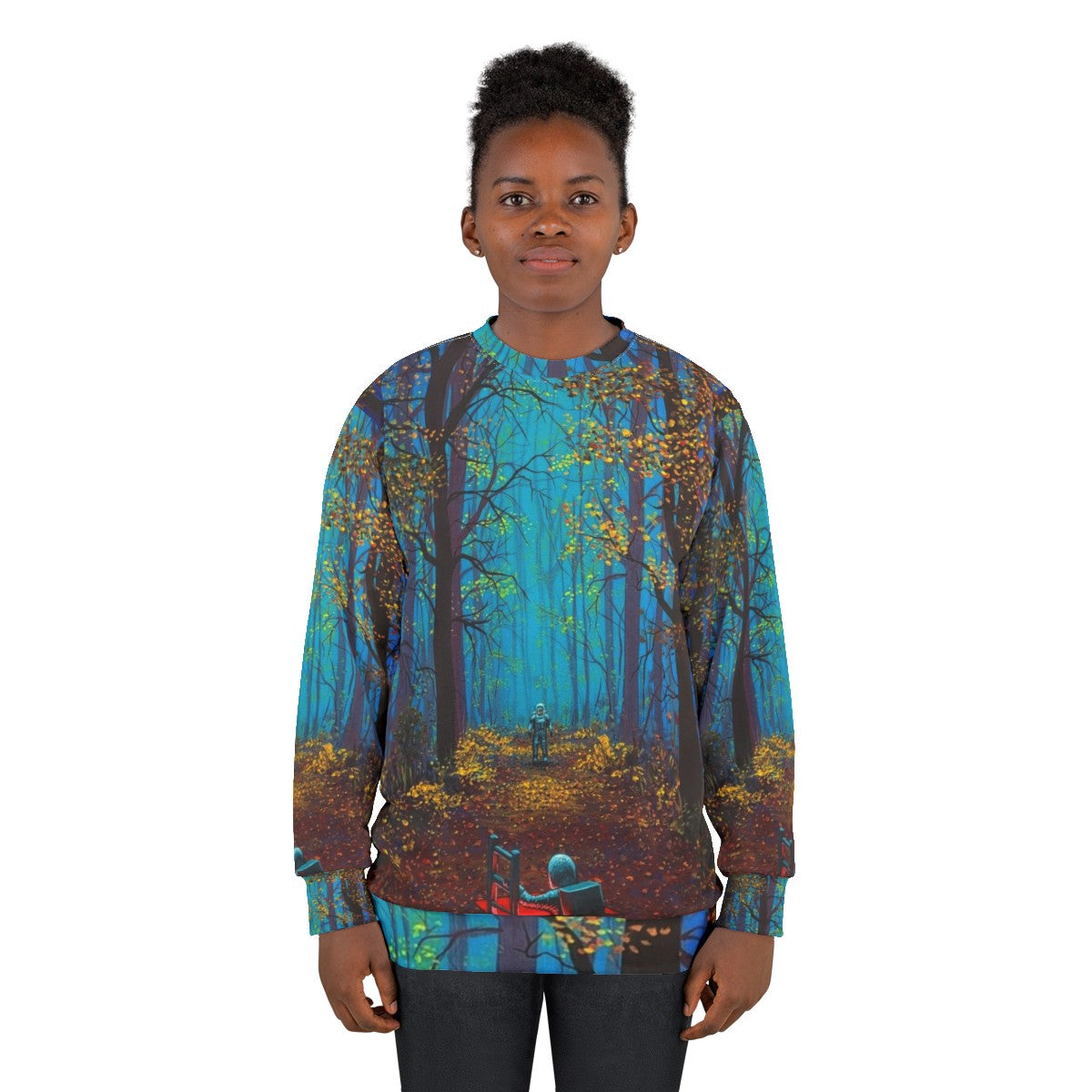 "There You Are" space-themed sweatshirt with astronaut and surreal nature imagery - women