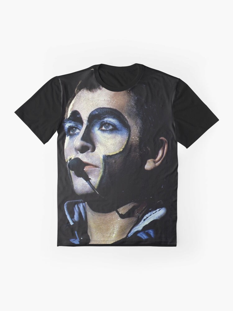 Peter Gabriel, a renowned singer, songwriter, and record producer, featured on a graphic t-shirt - Flat lay