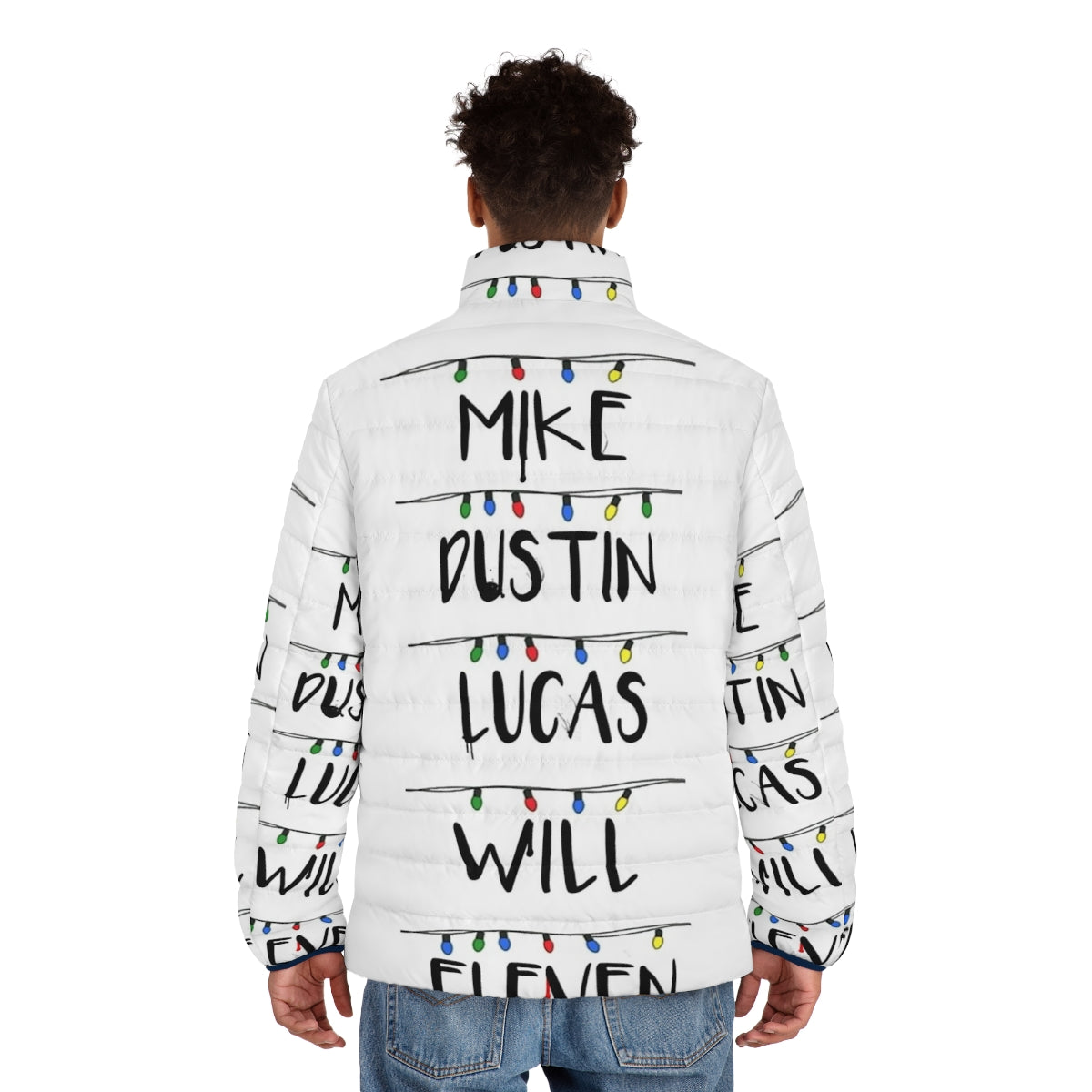 Stranger Things inspired puffer jacket featuring Eleven, Mike, Lucas, and Dustin - men back