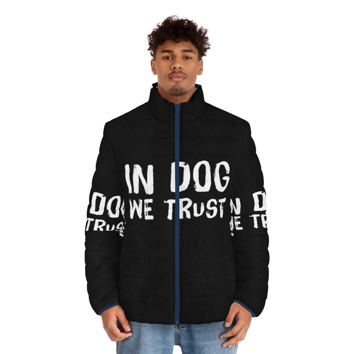 "In Dog We Trust" Puffer Jacket featuring a dog-inspired quote design - men front