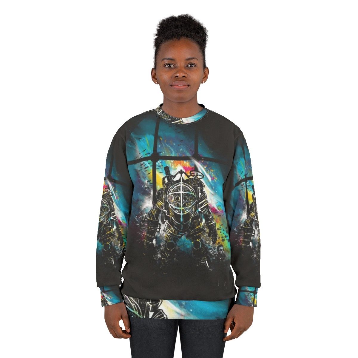 Mr Bubbles Bioshock Sweatshirt featuring a watercolor design of the iconic Big Daddy - women