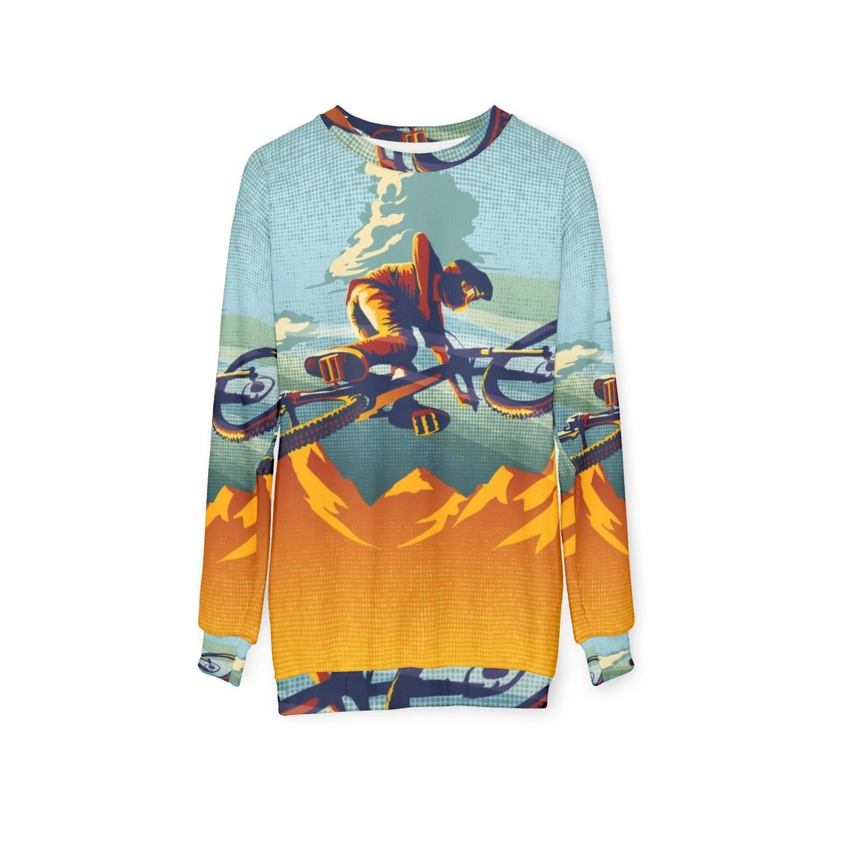 Mountain biking inspired sweatshirt with cycling art and design - hanging