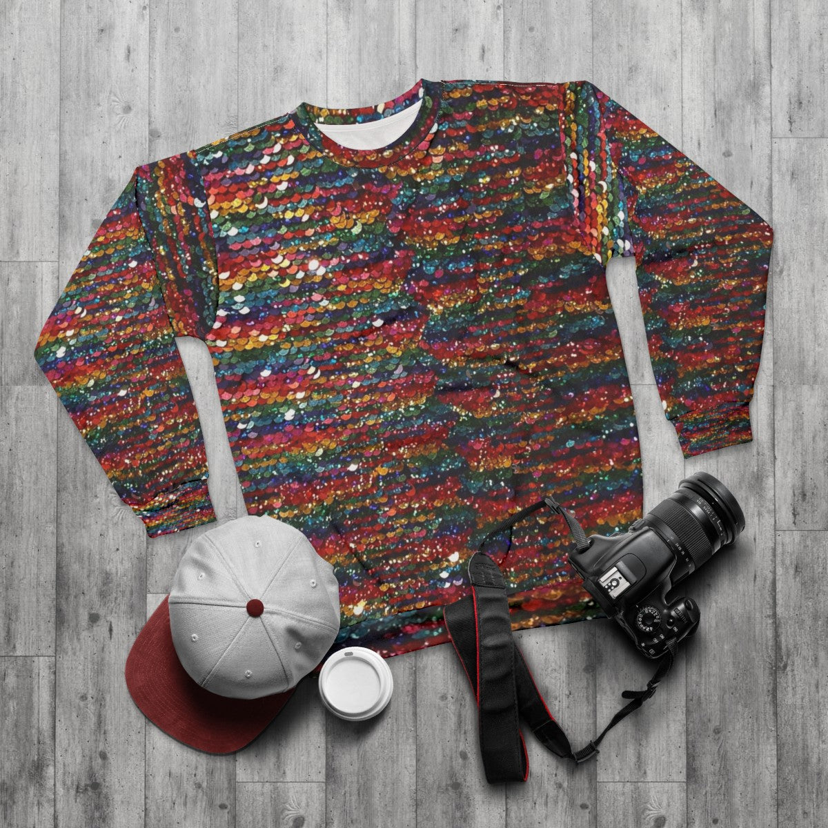 Vibrant rainbow sequin glitter sweatshirt - flat lay