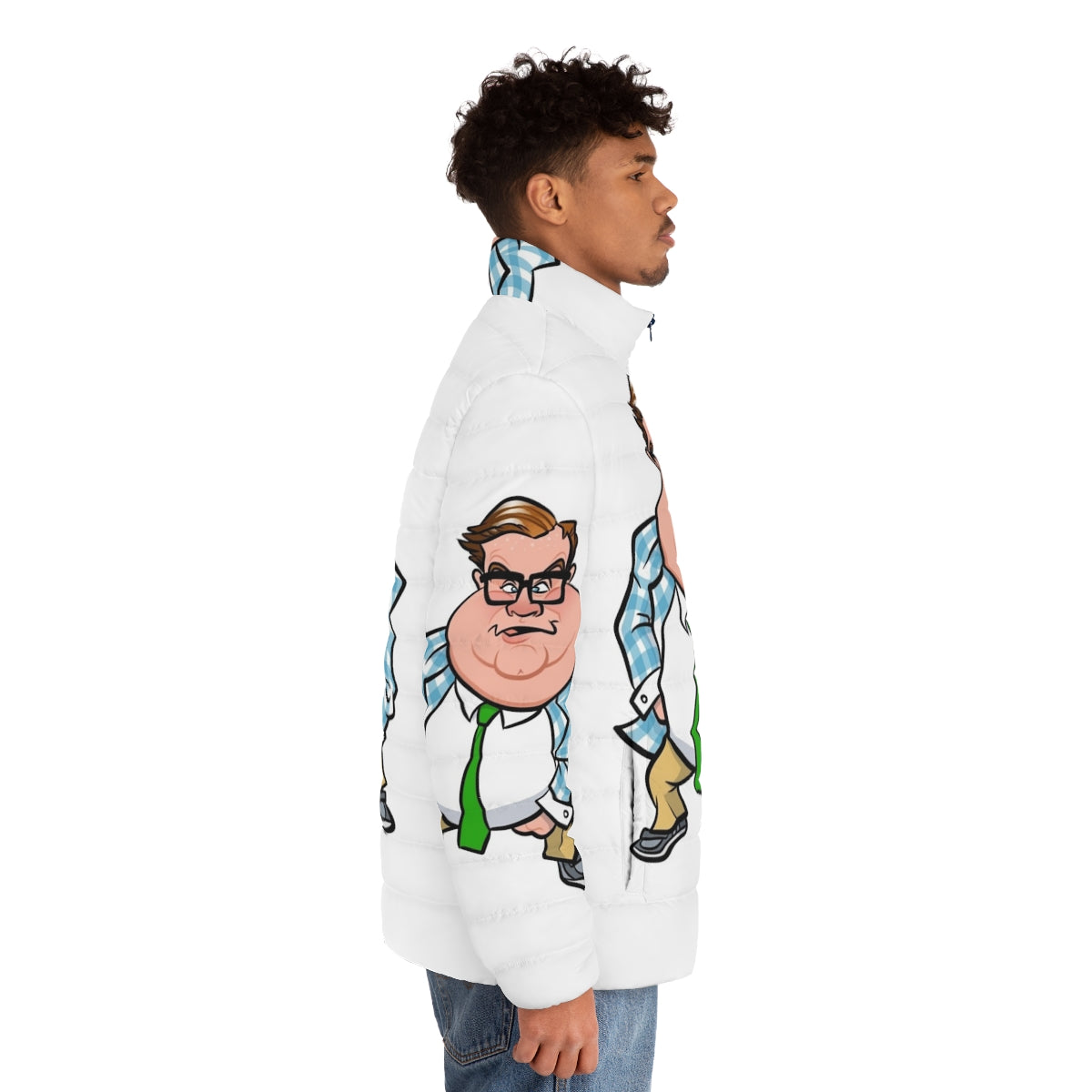 Matt Foley Puffer Jacket featuring a caricature of the iconic SNL character - men side right