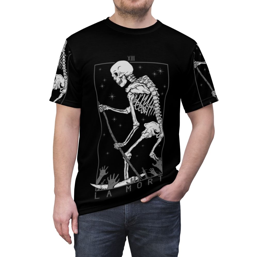 Mysterious occult t-shirt design featuring tarot cards, skull, and gothic imagery - men front