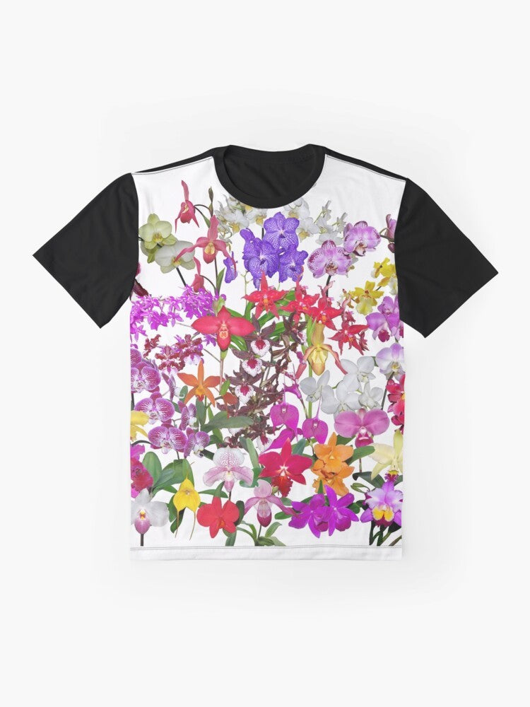 Vibrant orchid flower graphic t-shirt featuring a celebration of nature's floral beauty. - Flat lay