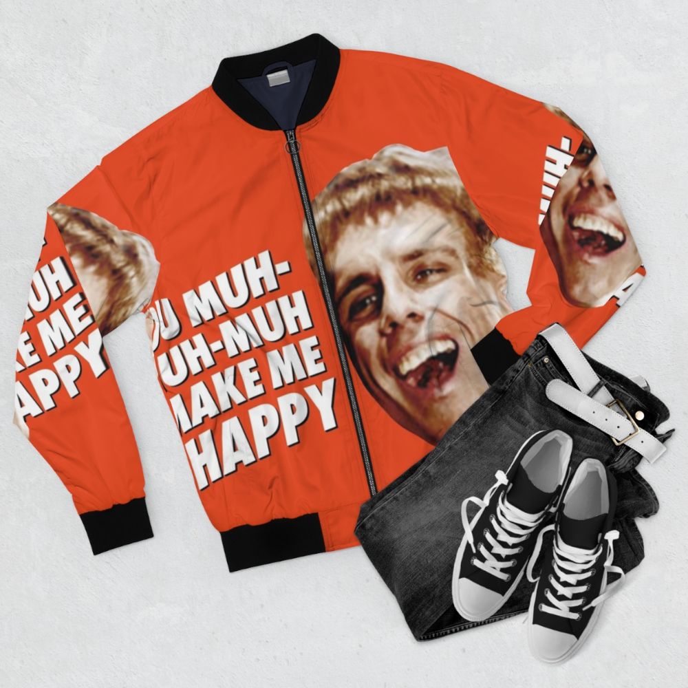 Simple Jack bomber jacket with 'You Muh-Muh-Make Me Happy' text from Tropic Thunder - Flat lay