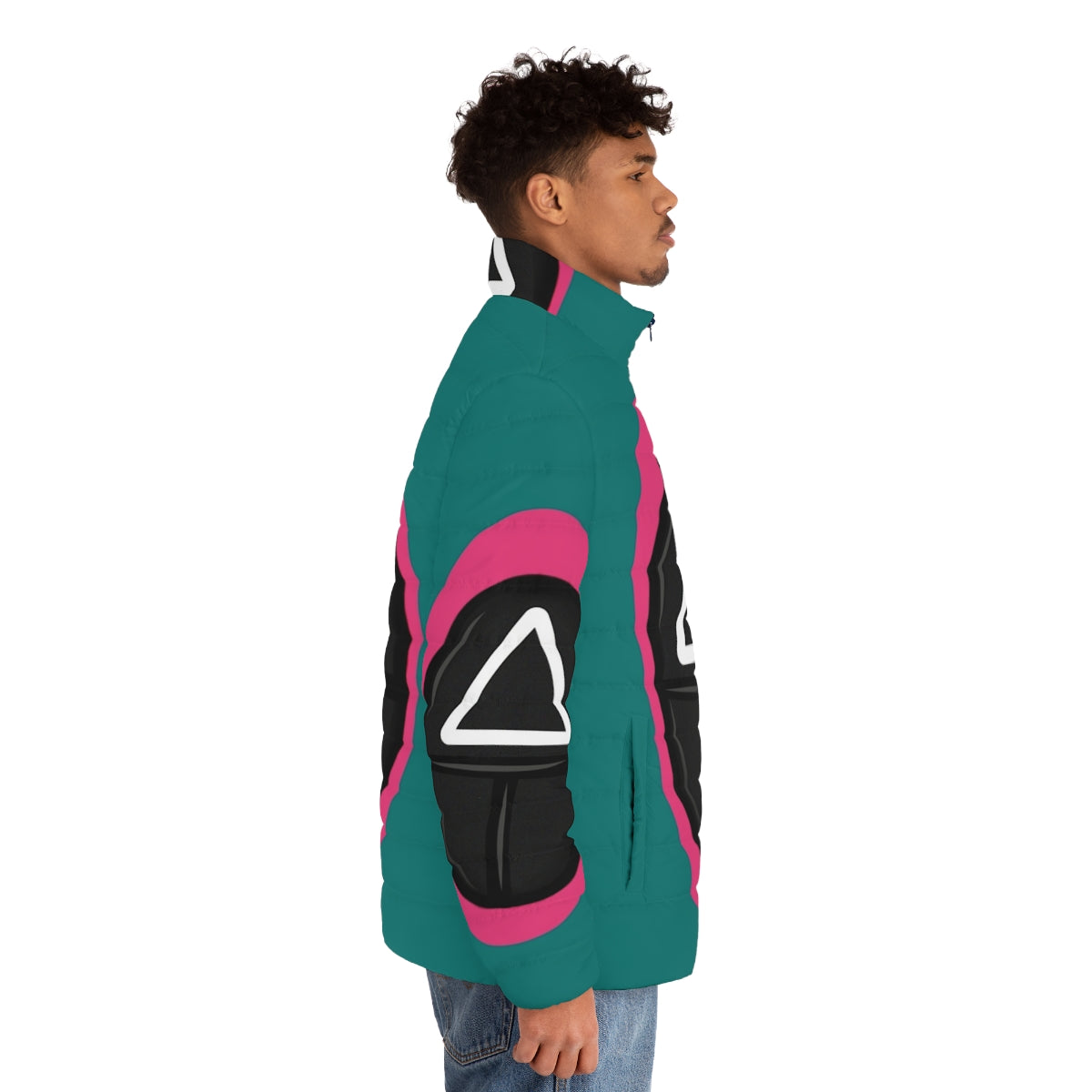 Squid Game Puffer Jacket featuring the iconic pink soldier uniform - men side right