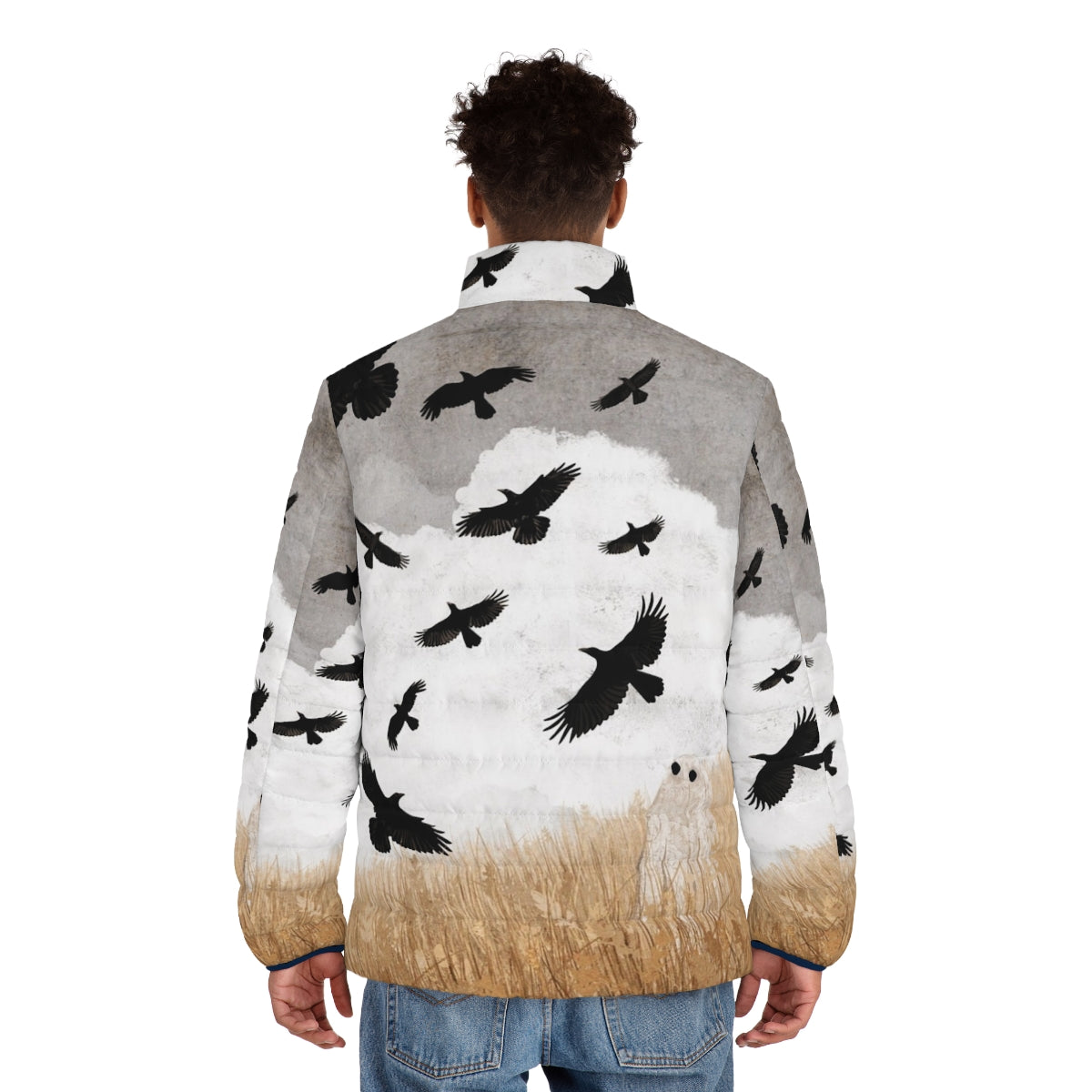 Puffer jacket with crows and nature-inspired vintage design - men back