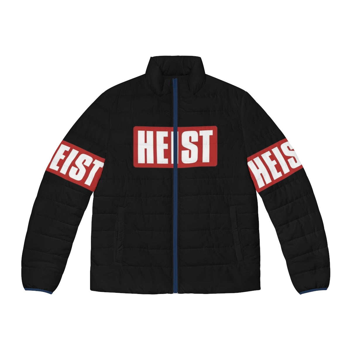 Stylish money heist puffer jacket with text art design