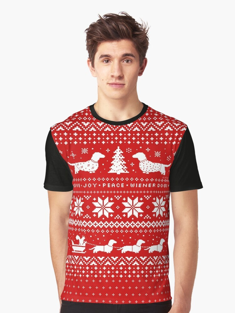 Dachshund wearing a Christmas sweater pattern graphic t-shirt - Men