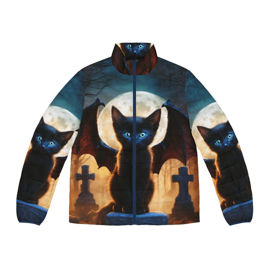 A puffer jacket featuring a digital illustration of a black dragon kitten sitting in a graveyard, a mythical and surreal fantasy artwork.