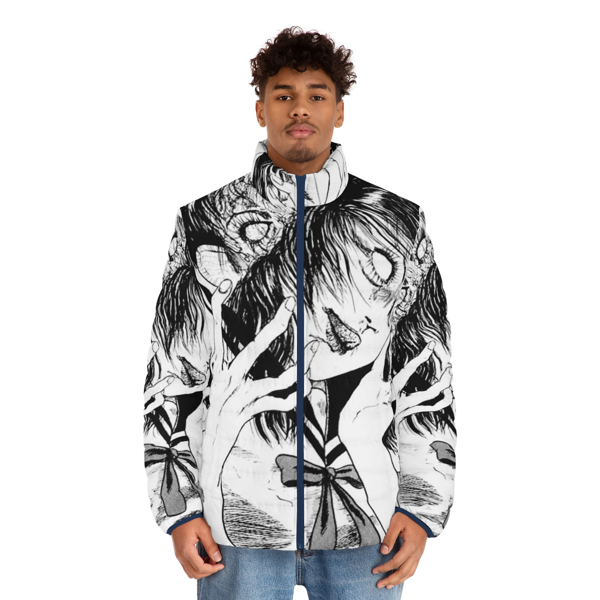 Monochrome puffer jacket with Junji Ito inspired horror manga design - men front