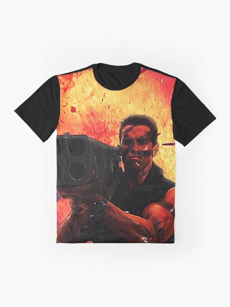 Vintage-inspired "Commando" Matrix graphic t-shirt featuring retro 80s action movie design - Flat lay