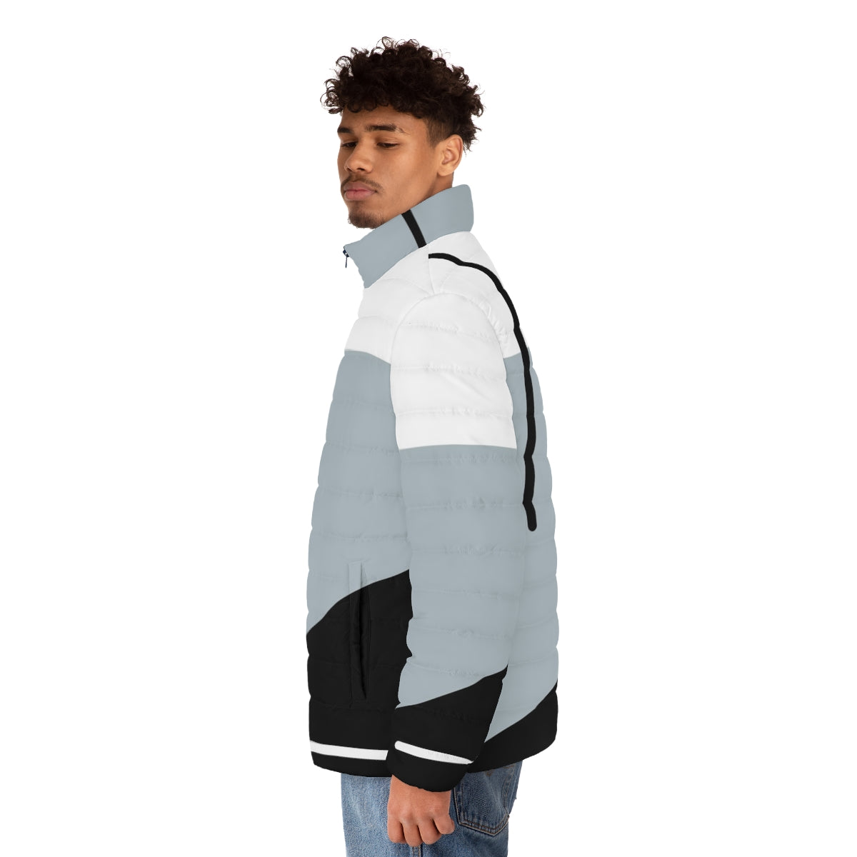 Minimalist abstract geometric puffer jacket with modern trichromatic color block pattern - men side left