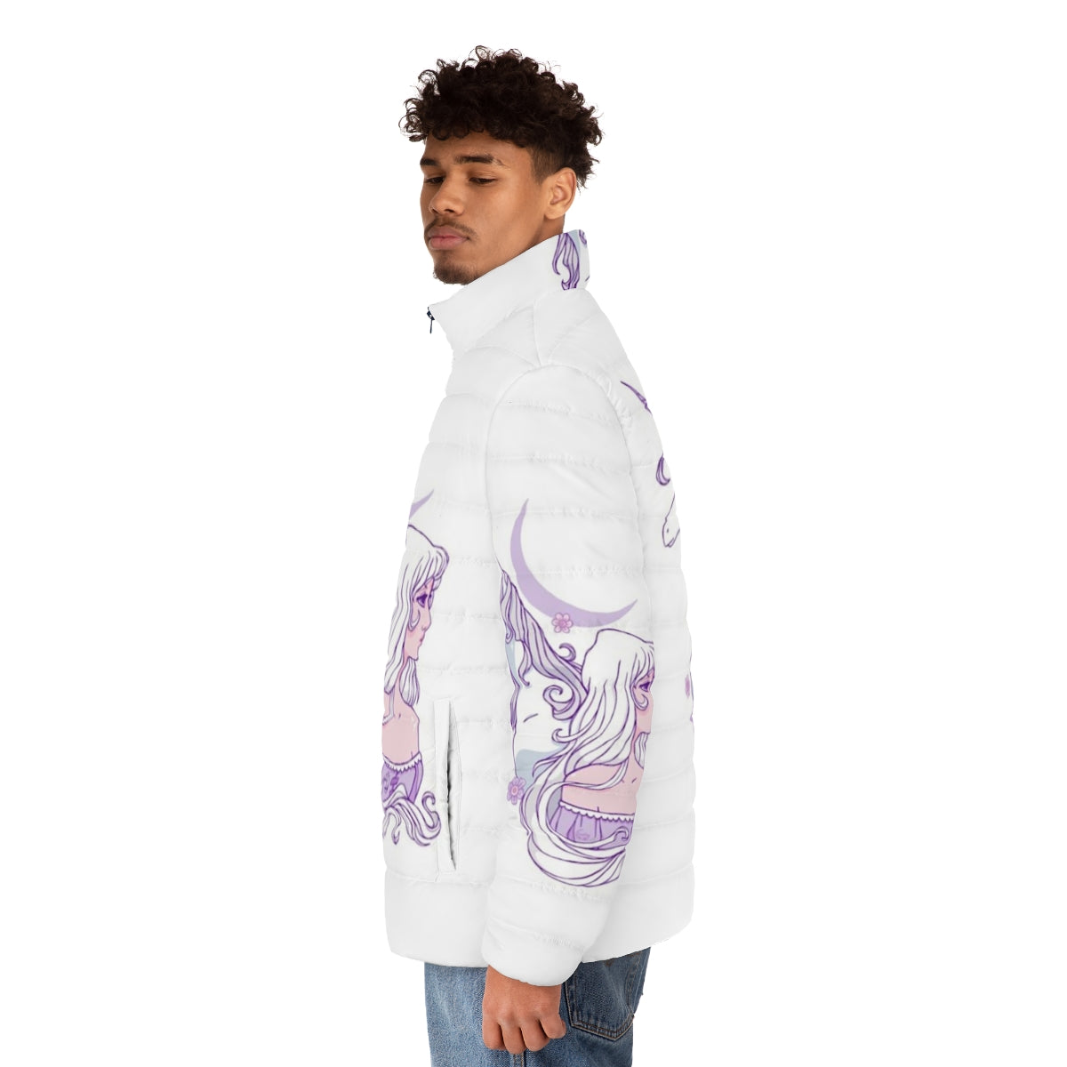 The Last Unicorn Puffer Jacket featuring a legendary unicorn in a whimsical, magical design - men side left