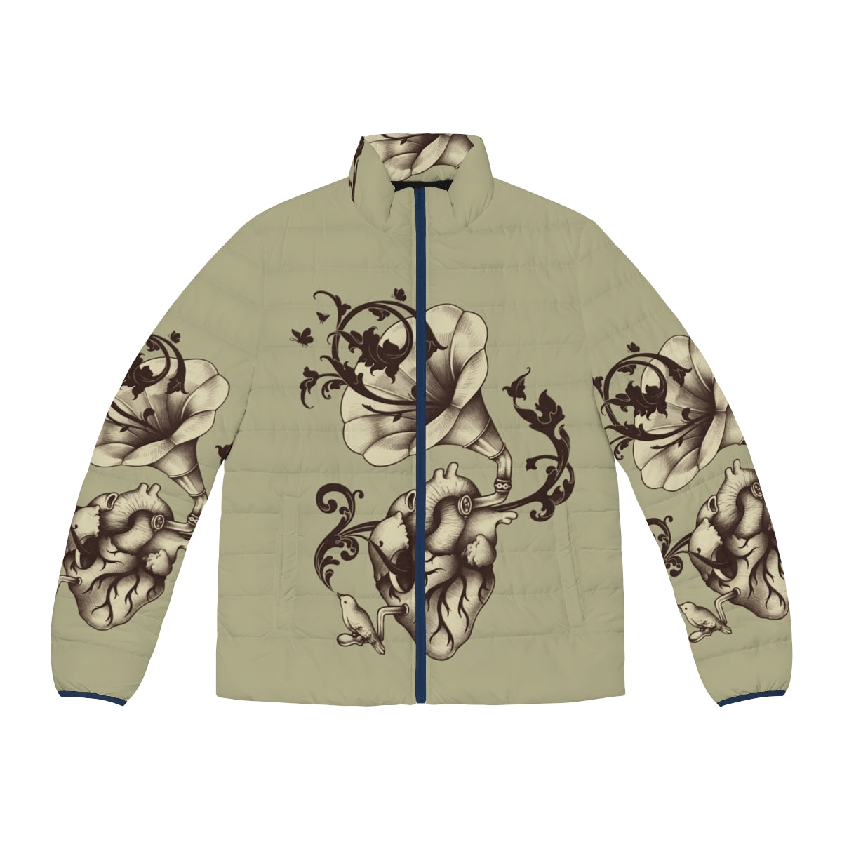 A puffer jacket featuring a surreal heart design with a gramophone, bird, and butterfly elements