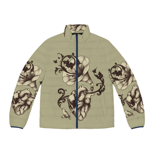 A puffer jacket featuring a surreal heart design with a gramophone, bird, and butterfly elements