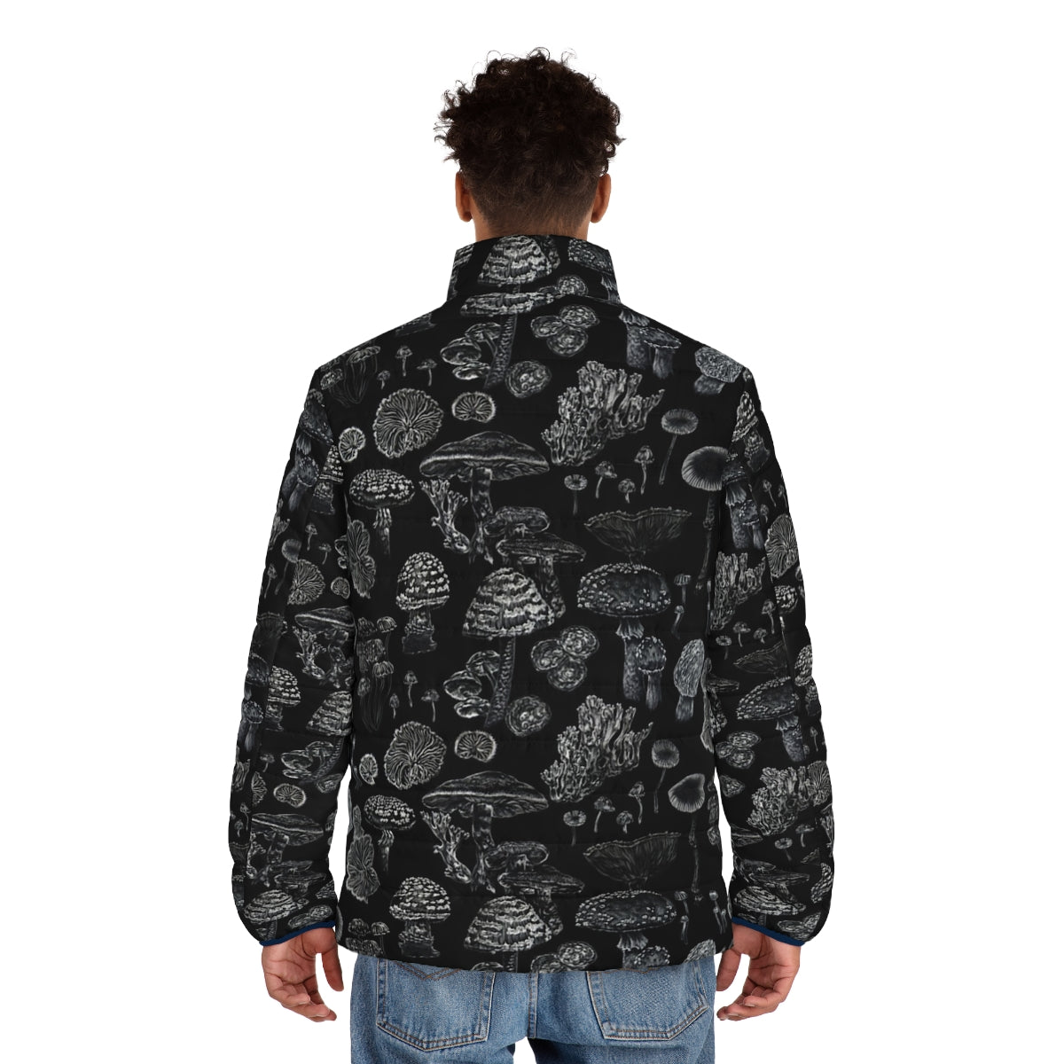 Black puffer jacket with mushroom and botanical motifs, perfect for goth and witchy fashion - men back