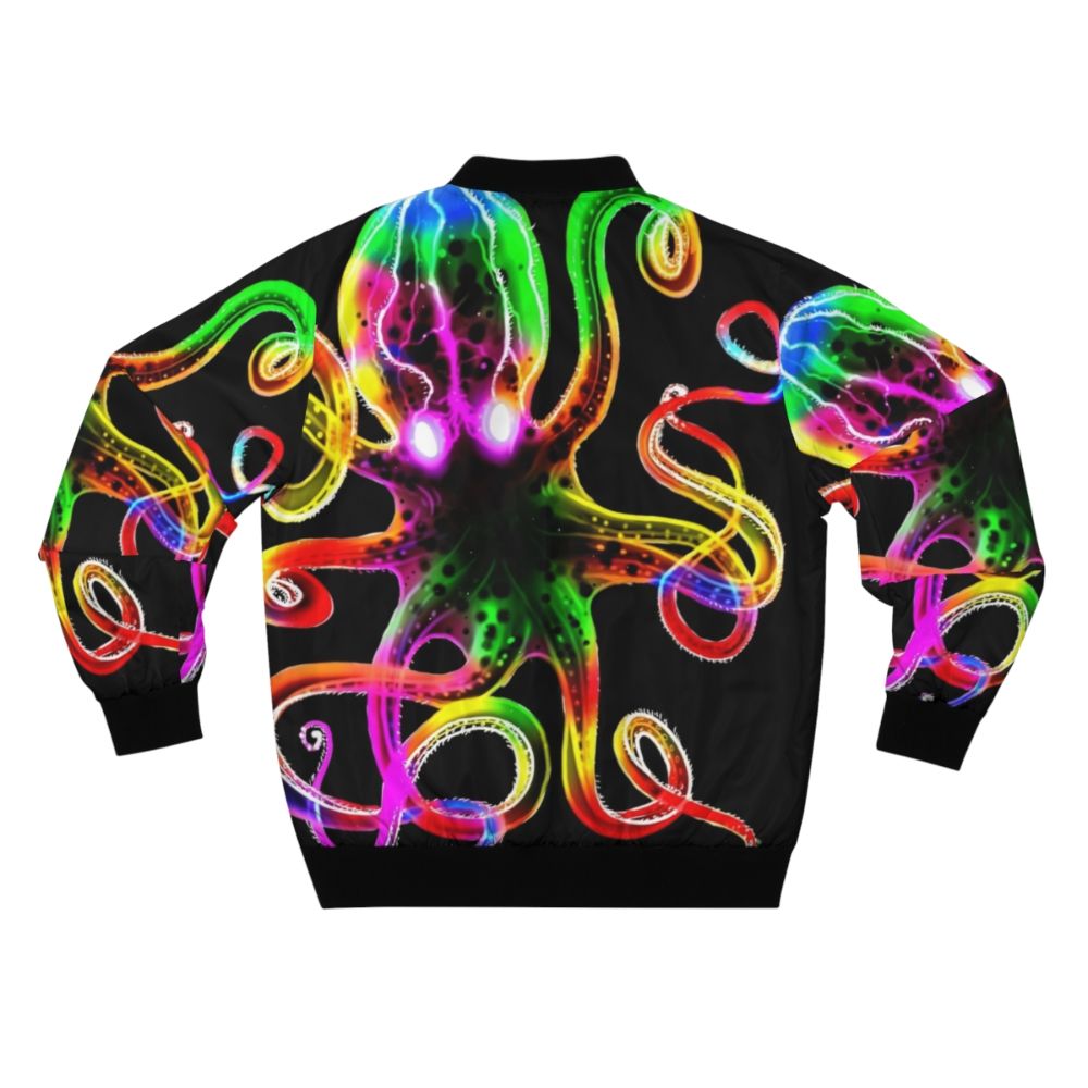 A bomber jacket with a vibrant tie-dye pattern featuring a glowing octopus design. - Back