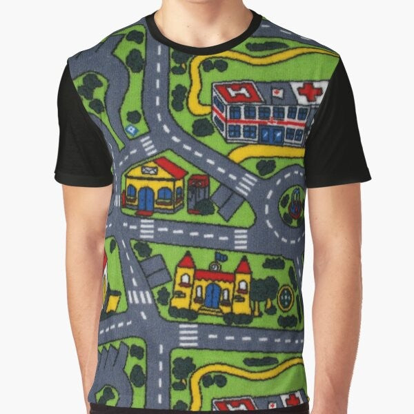 "Artsy and nostalgic 90s-style graphic t-shirt featuring a 'road carpet' design"