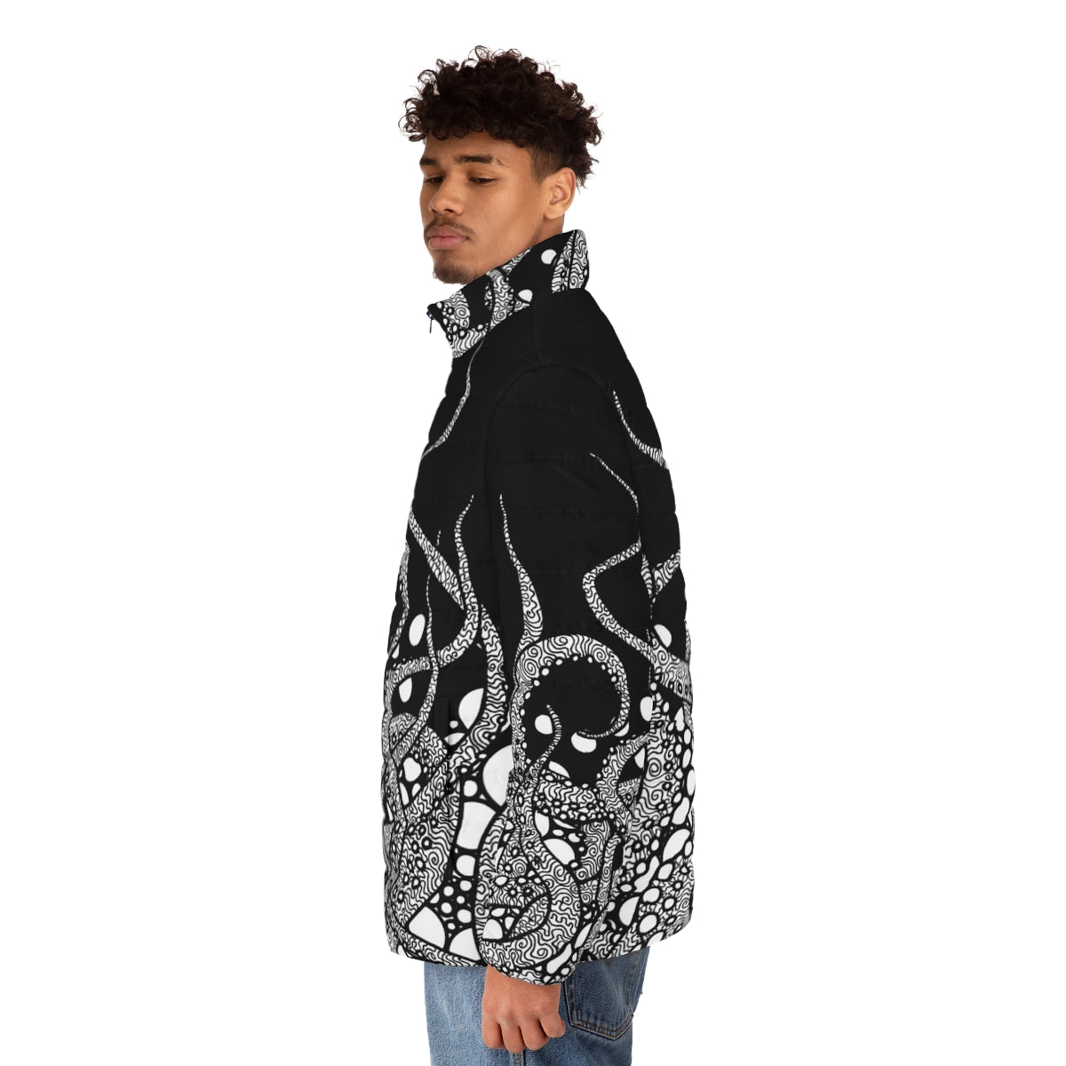 Tentacles Puffer Jacket with minimalist octopus line art design - men side left