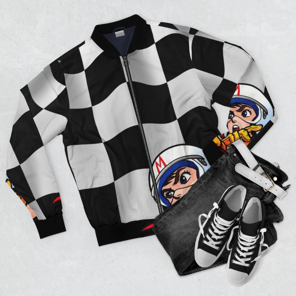 Speed Racer Checkered Flag Bomber Jacket - Vintage Motorsports Style - Flat lay