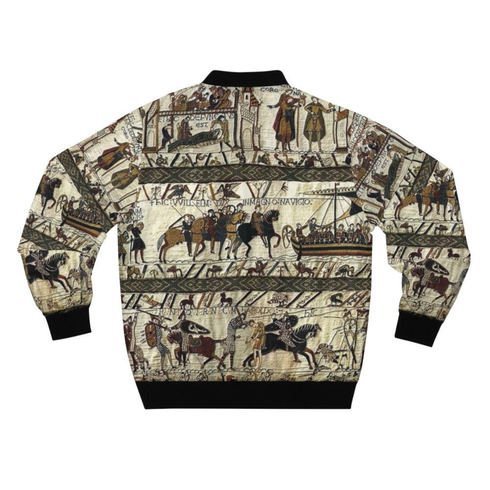 Bayeux Tapestry inspired medieval-style bomber jacket with Viking boats, horses, and battle scenes - Back