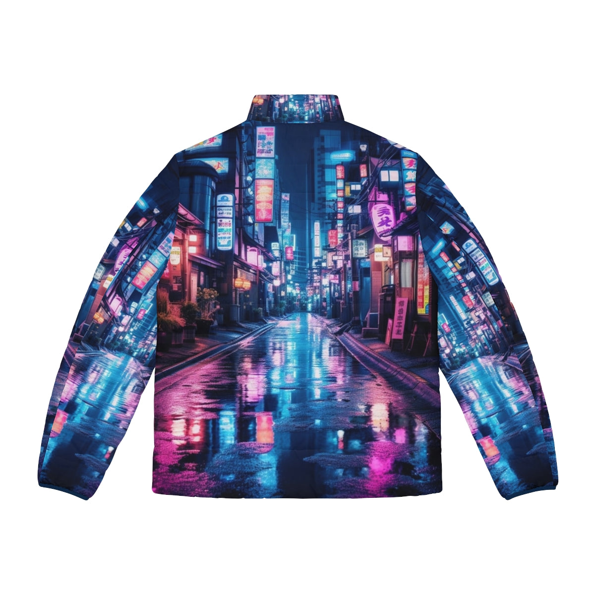 Tokyo neon puffer jacket featuring a cyberpunk-inspired design with bright lights and urban cityscape - Back