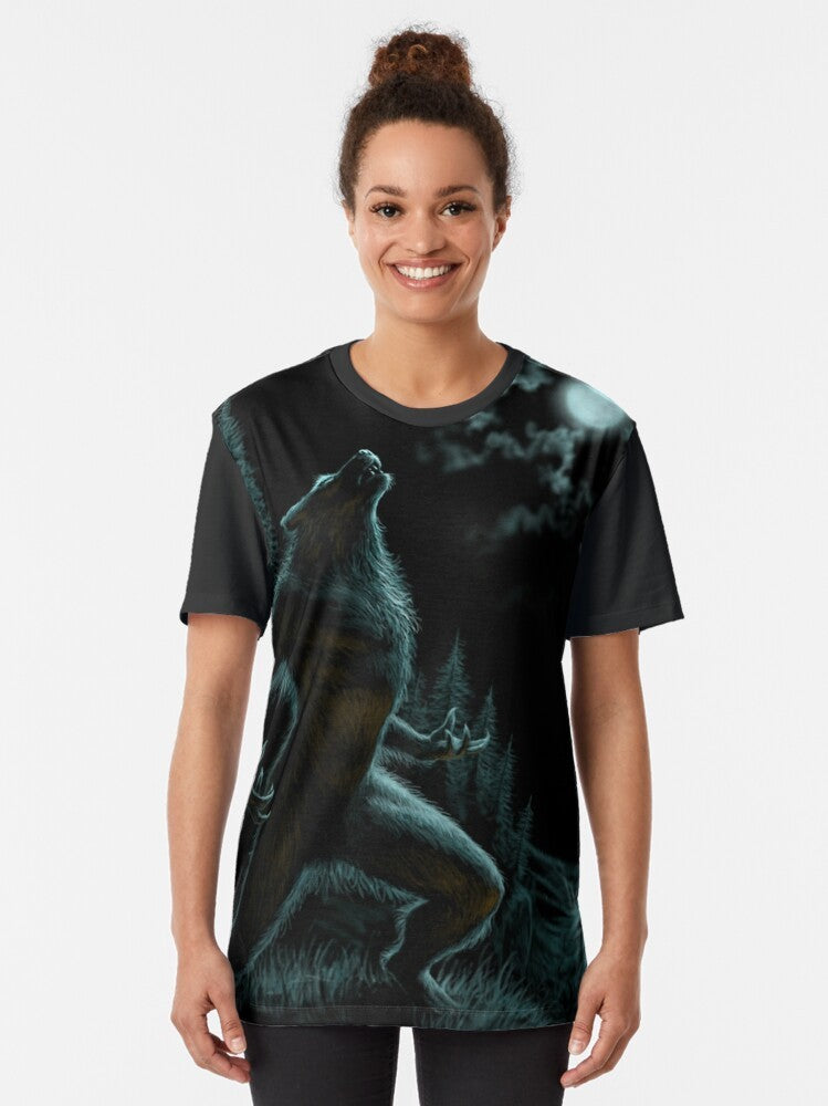 Howling werewolf silhouette under a full moon graphic t-shirt - Women