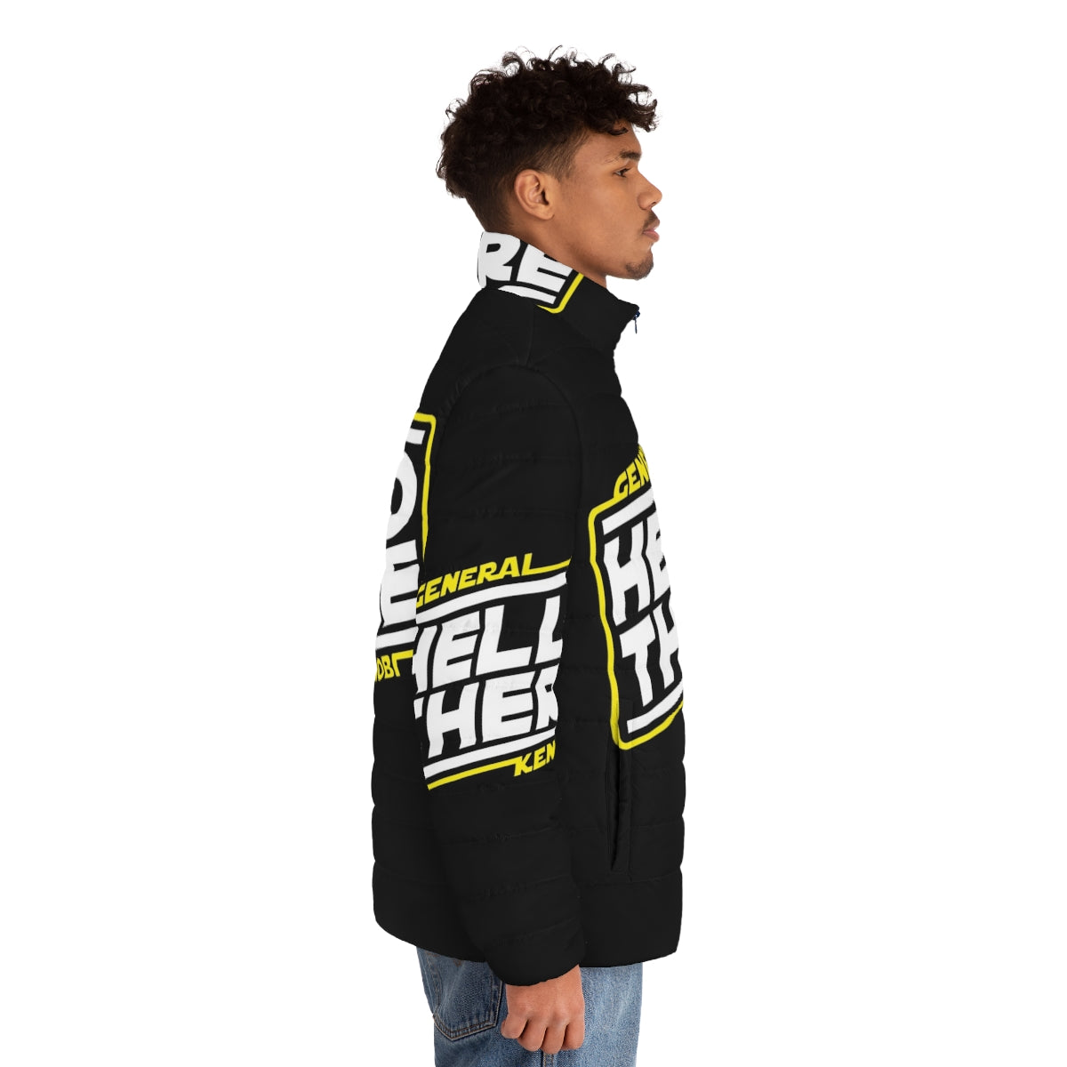 A stylish puffer jacket with a space-themed design and movie quote - men side right