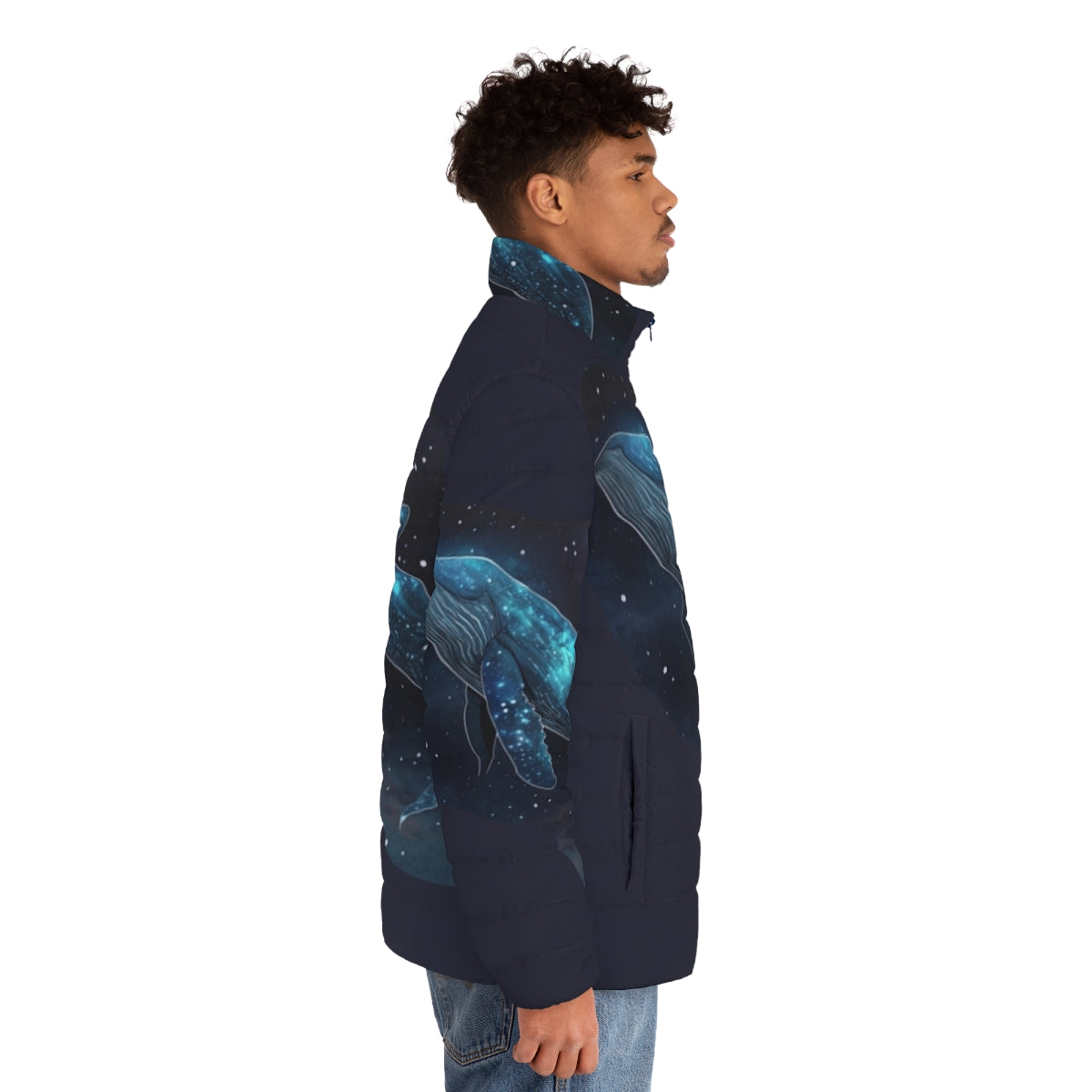 Puffer jacket featuring vibrant designs of legendary oceanic beasts and mythical sea creatures - men side right