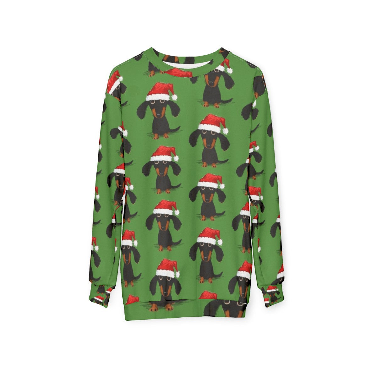 A cozy and humorous Christmas sweatshirt featuring a dachshund dressed as Santa - hanging