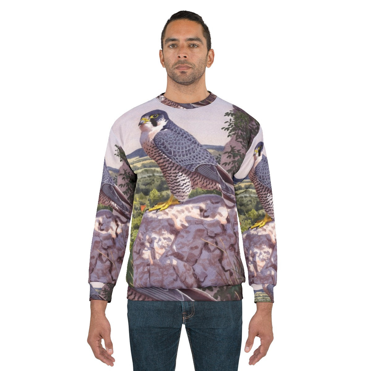 Peregrine falcon inspired sweatshirt with bird art - men