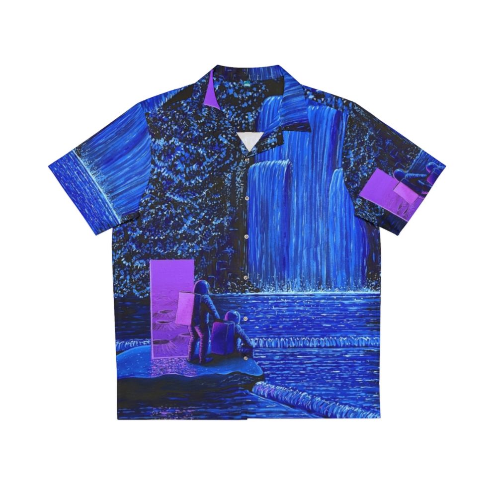 Night Falls Hawaiian Shirt with Waterfall and Astronaut Design