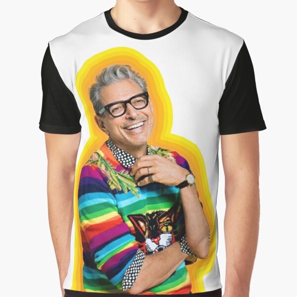 Colorful graphic t-shirt featuring a meme design with Jeff Goldblum and the text "Jeff Goldblum of Happiness"