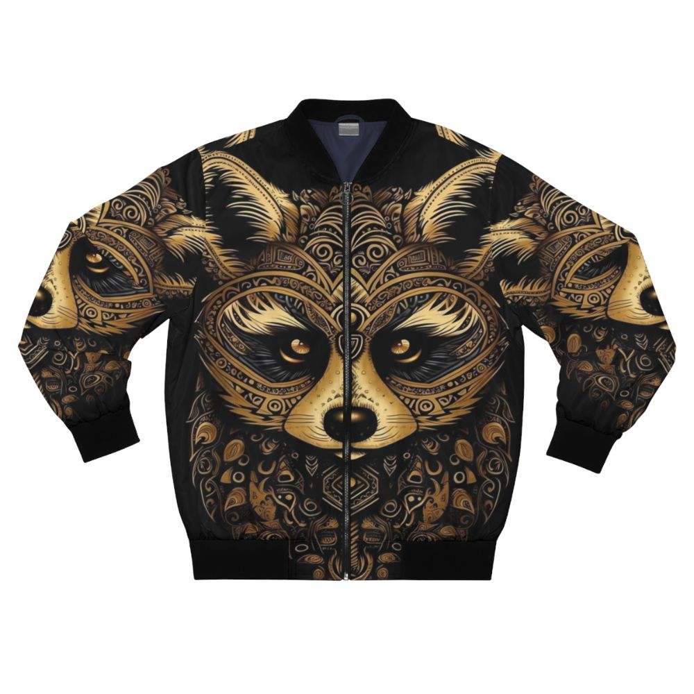 Enchanting bomber jacket with a digital illustration of a golden raccoon surrounded by a mandala pattern, representing nature, mysticism, and spiritual interconnectedness.