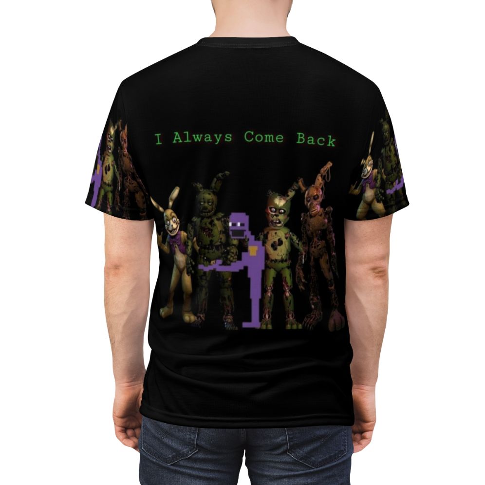 "FNAF-inspired AOP t-shirt featuring the 'Always Come Back' design" - men back