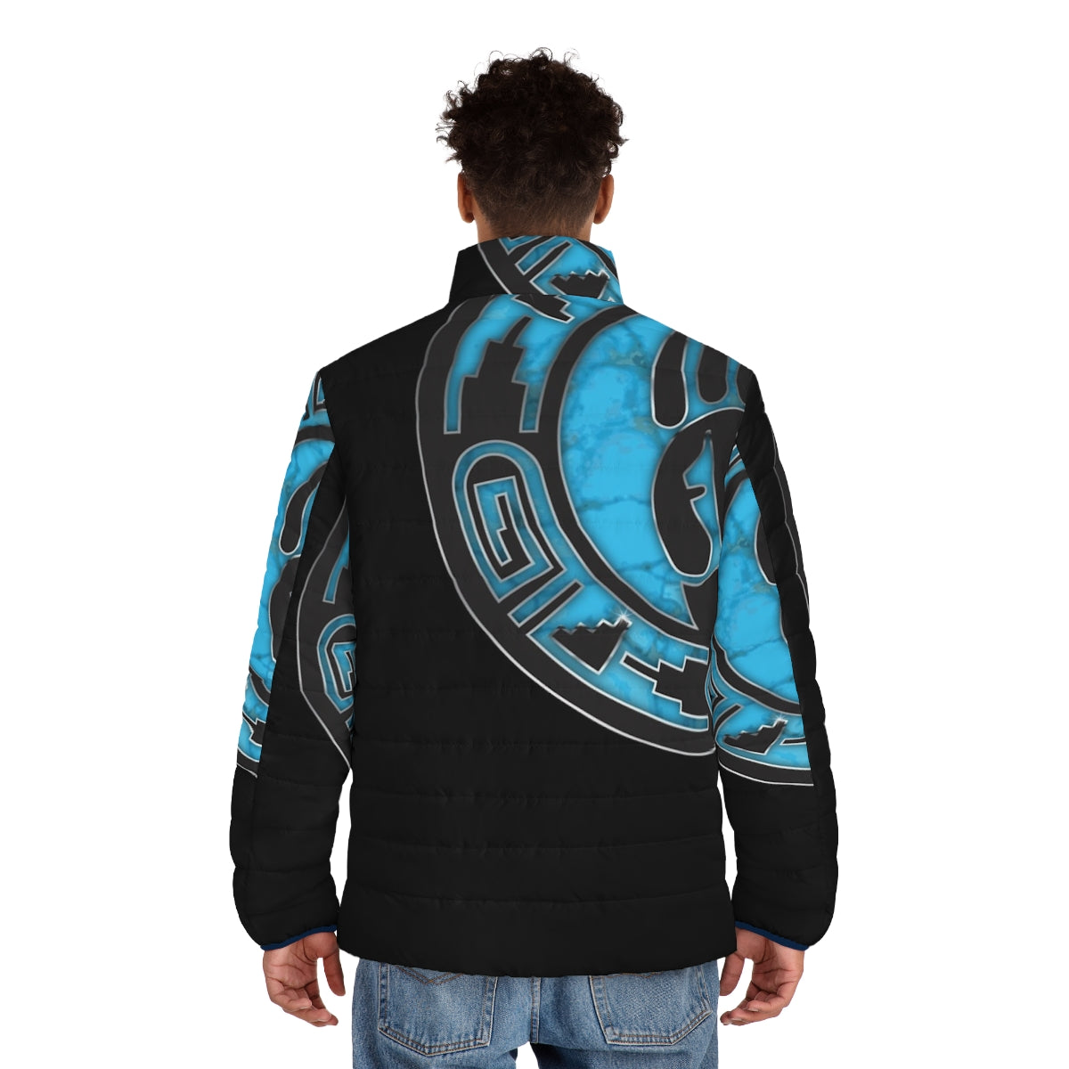 Hopi bear paw turquoise puffer jacket with native american cultural design - men back